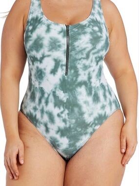 Cyn & Luca Swim Green Tie-Dye Zip-Front One-Piece Swimsuit XL